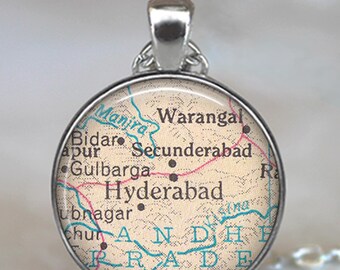 Hyderabad, India map necklace or key chain, Hyderabad map jewelry Secunderabad map Warangar map travel gift map gift keychain key ring fob