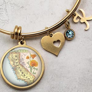 California map charm bracelet, state map adjustable bangle bracelet initial bracelet hometown map gift moving away gift travel gift