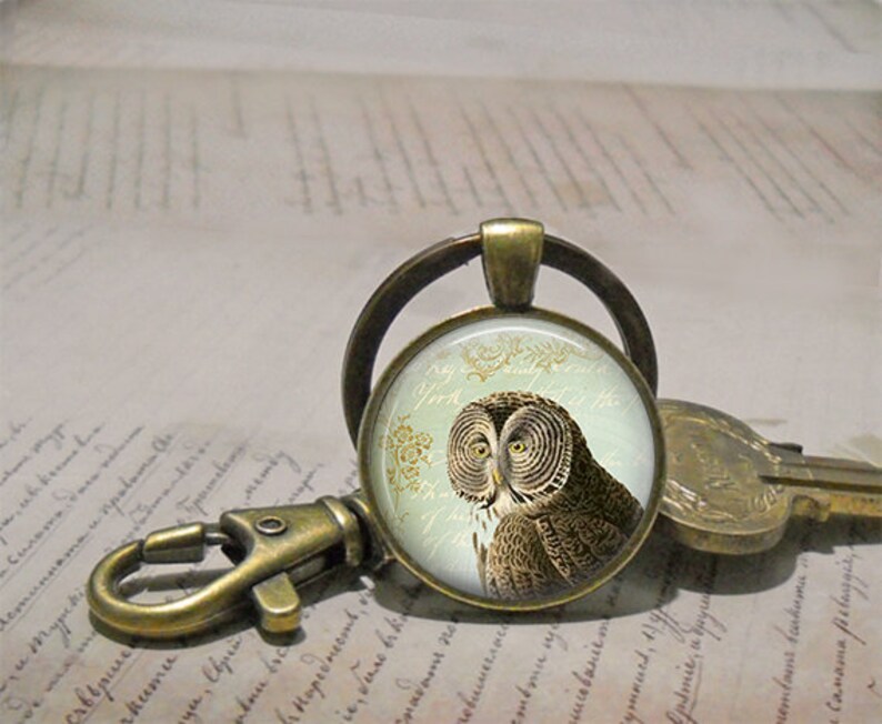 Great Gray Owl necklace or key chain, owl jewelry antique owl gift Gray Owl keychain key ring keyring key fob birding gift ornithology gift image 3