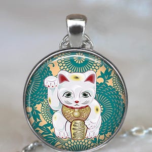 Teal Maneki Neko necklace, key chain or brooch, Japanese Lucky Cat charm good luck charm lucky charm key chain key ring fob M193