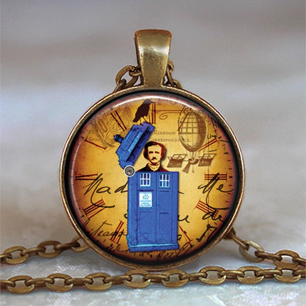 Tardis & Edgar Allan Poe necklace Tardis necklace Tardis jewelry Tardis pendant Dr Who Steampunk Halloween Tardis key chain key ring key fob