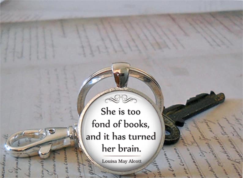 She is too fond of Books quote necklace, brooch pin or key chain, book lover gift book club or librarian gift keychain key ring fob image 3