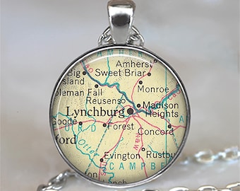 Lynchburg, Virginia map necklace, key chain or brooch, vintage map gift leaving home gift moving away gift  Madison Heights VA key ring fob