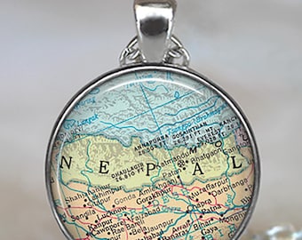 Nepal map necklace, key chain or brooch, Mt Everest Katmandu map jewelry travel jewelry travel gift globetrotter gift key ring fob