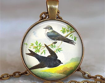 Collar, llavero o broche de golondrina morada y golondrina arborícola, regalo de naturaleza, ilustración antigua de aves, regalo de ornitología, llavero