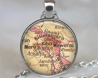 Kilimanjaro key chain, necklace, or brooch Kilimanjaro Tanzania travel gift Mt Kilimanjaro map gift Africa globetrotter map key ring fob