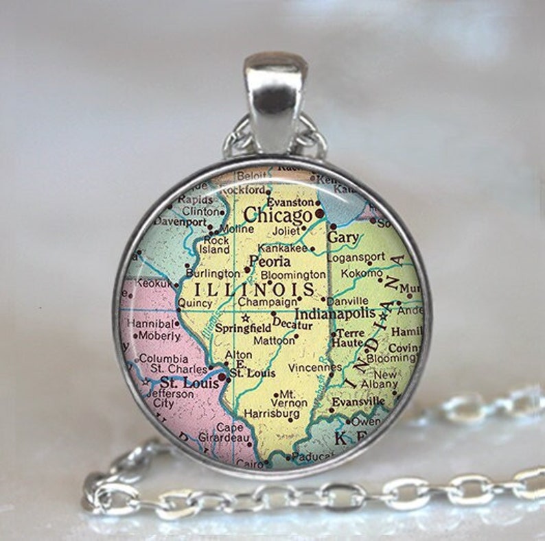 Illinois map necklace, key chain or brooch, Illinois state map gift state employee gift leaving home gift map brooch or key ring key fob image 1