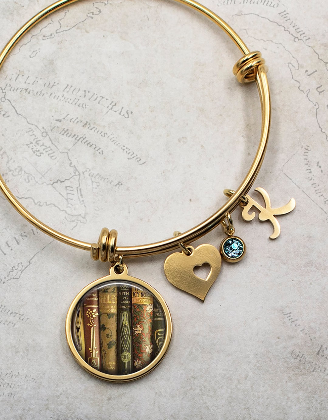 Antique Books Charm Bracelet, Initial Stainless Steel Bracelet Book Lover Gift Book Club Gift