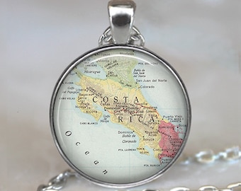 Costa Rica map necklace, Costa Rica map pendant, Costa Rica pendant, Costa Rica necklace map jewelry travel map key chain key fob