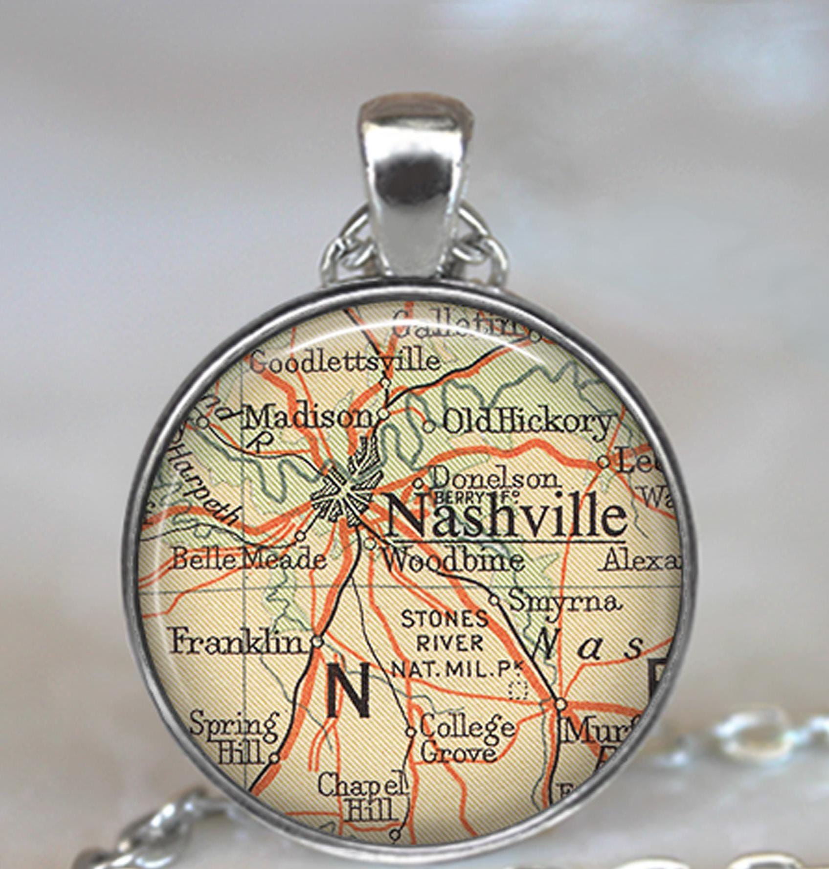 Nashville map necklace, key chain or brooch, Nashville Tennessee country music lover gift hometown map or travel gift key ring key fob