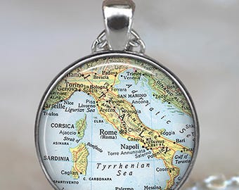 Italy vintage map pendant, Italy pendant Italy necklace Italy map pendant Corsica map jewelry key chain keychain key ring key fob travel