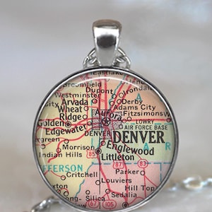 Denver map necklace, key chain or brooch, map gift moving away gift leaving home gift vintage Denver map key chain key ring key fob
