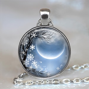 Winter Solstice necklace, brooch pin or key ring, new moon Yuletide snowflakes winter sky crescent moon Wiccan Pagan key chain key ring
