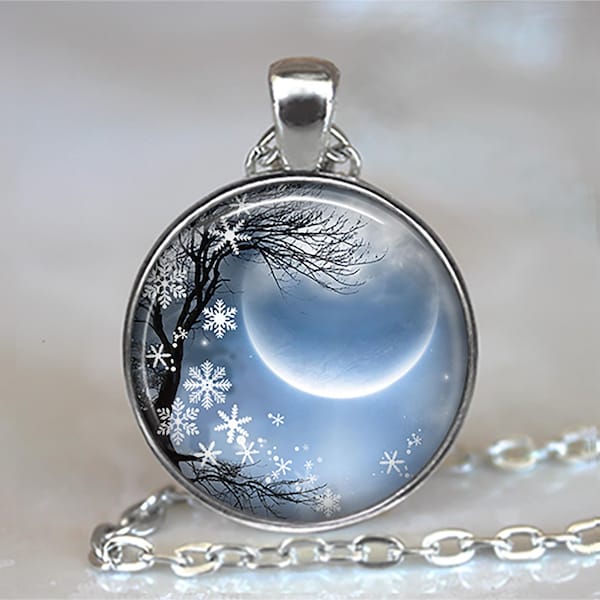 Winter Solstice necklace, brooch pin or key ring, new moon Yuletide snowflakes winter sky crescent moon Wiccan Pagan key chain key ring