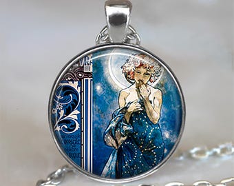Alphonse Mucha La Luna necklace, brooch pin or key cain, Moon Goddess gift Art Nouveau Moon Goddess jewelry key chain key ring fob G130