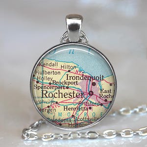 Rochester, New York map necklace, key chain or brooch pin, Rochester NY map gift Irondequoit NY leaving home map gift map key ring fob