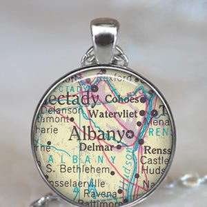 Albany, Schenectady map key chain, necklace or brooch, Amsterdam NY, map gift leaving home gift key ring key fob