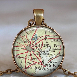 Houston Texas map necklace, key chain or brooch pin, Baytown Texas map Houston TX hometown map key ring fob leaving home moving away gift