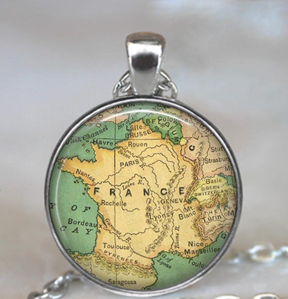 France map necklace, key chain or brooch pin, vintage map gift travel gift European travel Francophile gift globetrotter gift key ring fob