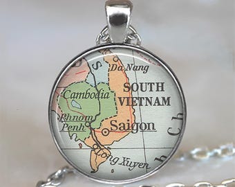 South Vietnam map necklace, key chain or brooch, Vietnamese map gift Saigon map jewelry Vietnamese heritage gift keychain key ring key fob
