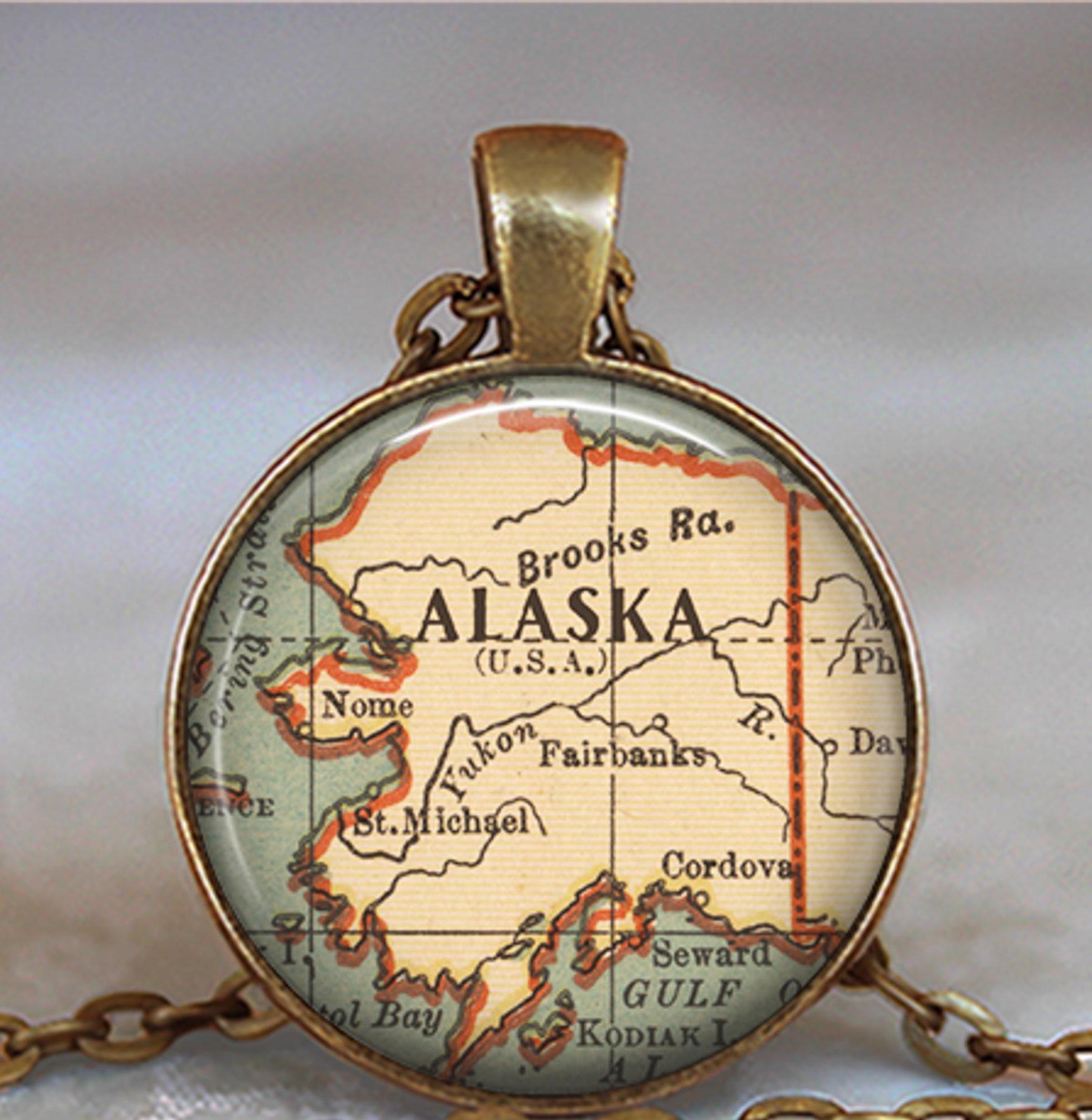 Alaska Map Necklace, Key Chain or Brooch, Vintage Map Gift Map Jewelry ...