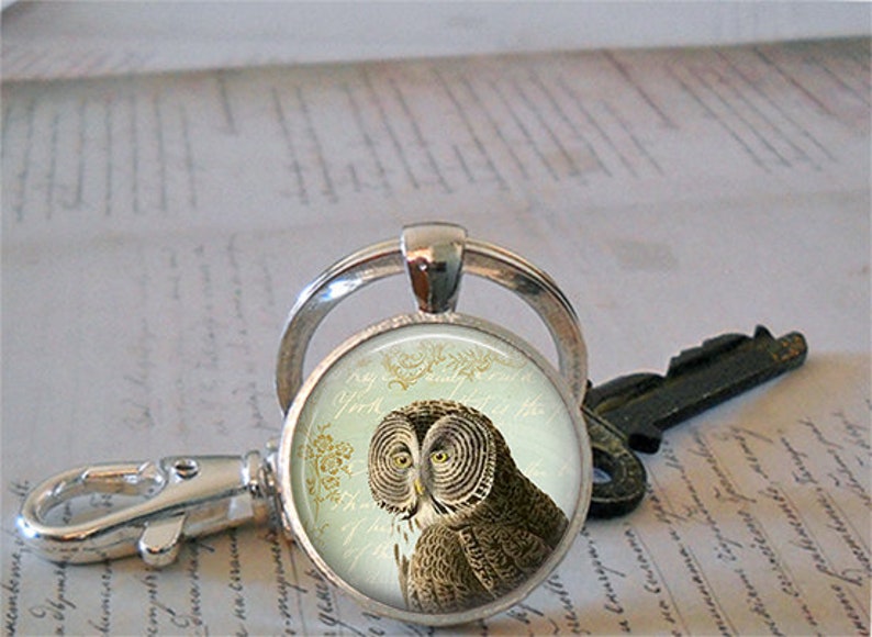 Great Gray Owl necklace or key chain, owl jewelry antique owl gift Gray Owl keychain key ring keyring key fob birding gift ornithology gift image 4