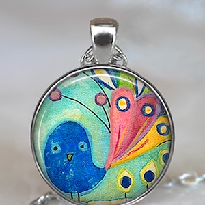 Fancy Tail Peacock necklace, key chain or brooch, whimsical peacock art jewelry whimsical peacock gift hand drawn peacock keychain key ring