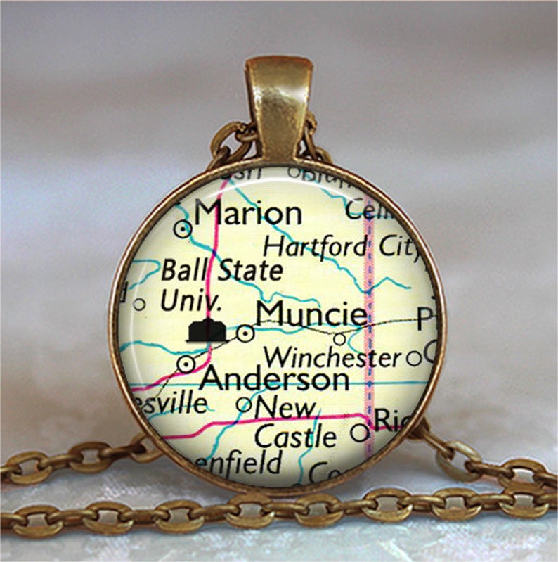 Ball State University necklace, BSU pendant Muncie Indiana map student gift graduation gift for graduate college key chain key ring key fob image 2