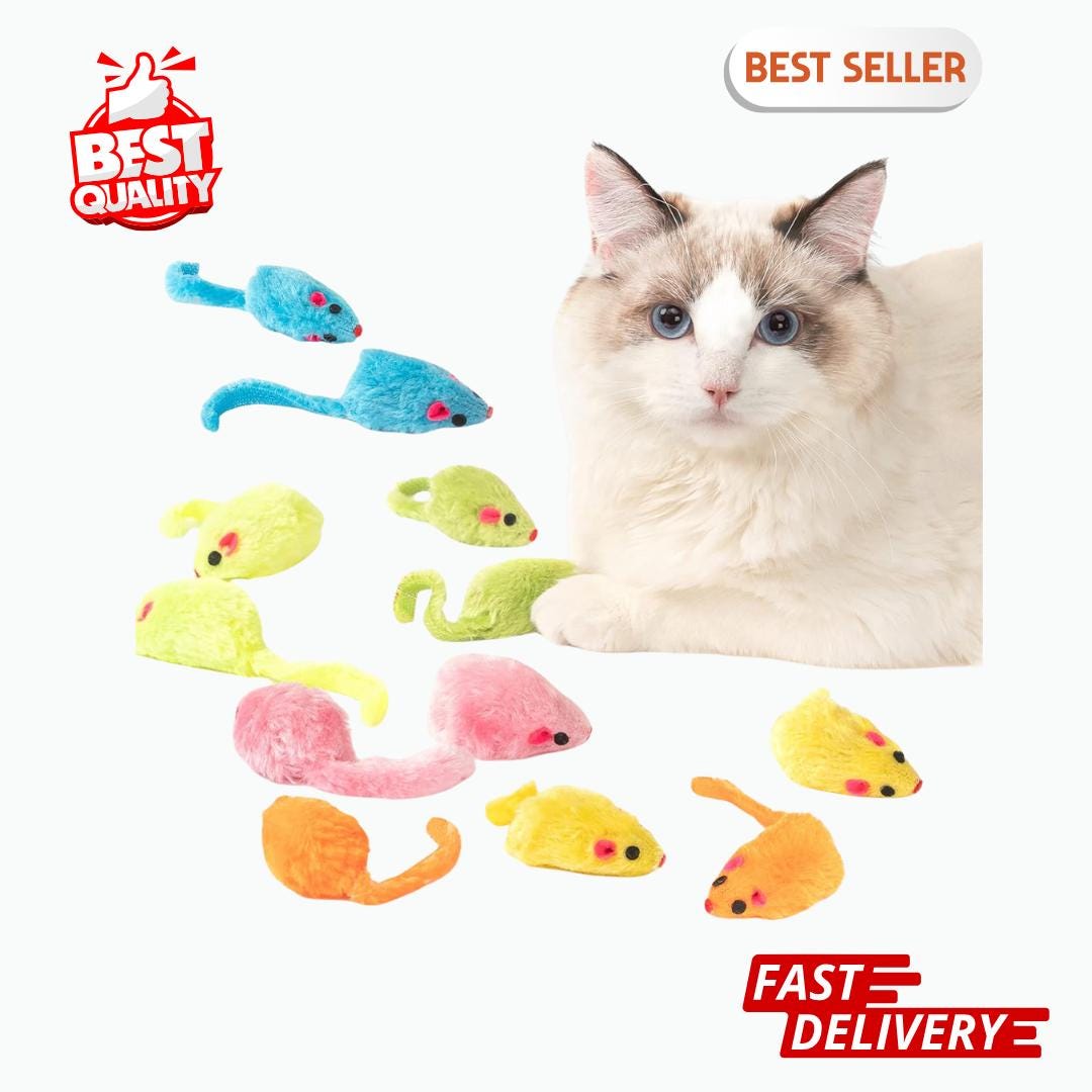 Fur cat toy pack  | Mouse cat toy with Soft Faux Fur Mice with Plastic Body | 12PCS Catnip Rattle Mouse Toys | Hunt & Fetch Fun | Indoor Toy