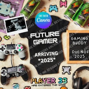 Anúncio de bebê de futura jogadora | Modelo editável do Canva | Revelação de gravidez digital | Tema de jogos | Jogador 2 em breve