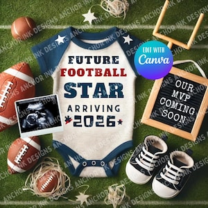 Plantilla de anuncio de embarazo de futbolista / Canva editable / Revelación de bebé de futura estrella del fútbol / Descarga digital