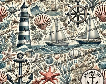 Nautical Seamless Pattern: Vintage Coastal Marine Design (JPEG Digital Download)