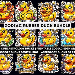 Zodiac Rubber Duck Bundle | 12 Cute Astrology Ducks | Printable Zodiac Sign Art | Horoscope Ducks Digital PNG  | Astrology Ducks Graphics
