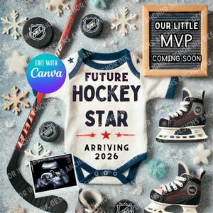 Plantilla de anuncio de embarazo de hockey / Canva editable / Revelación de bebé de futura estrella del hockey / Descarga digital