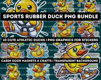 Sports Rubber Duck PNG Bundle | 10 Cute Athletic Ducks | PNG Graphics for Stickers, Cabin Door Magnets & Crafts | Transparent Background