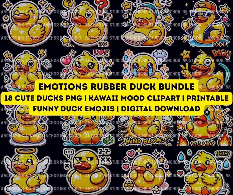Emotions Rubber Duck Bundle | 18 Cute Ducks PNG | Kawaii Mood Clipart | Printable Funny Duck Emojis | Digital Download
