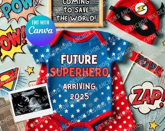 Future Superhero Pregnancy Announcement: Comic Style Baby Reveal (Editable Canva Template) - Digital Download
