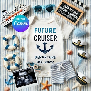 Plantilla de anuncio de bebé en un crucero futuro / Revelación de embarazo editable en Canva / Descarga digital para baby shower de crucero náutico