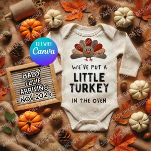 Thanksgiving Pregnancy Announcement Template | Editable Canva Design | Little Turkey in the Oven Baby Reveal | Digital Download