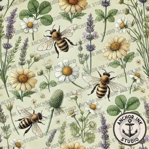 Peut inclure: Un motif sans couture représentant des abeilles, des marguerites et des fleurs de lavande sur un fond vert clair. Le motif est illustré dans un style vintage avec des détails complexes. Le logo Anchor Ink Studio est dans le coin inférieur droit.