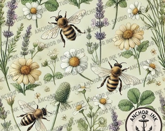 Bee Floral Seamless Pattern | 12x12” Wildflowers & Bees Vintage Botanical Digital Paper | Daisy Chamomile Lavender Repeat Print | JPEG File
