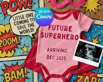 Girl Future Superhero Pregnancy Announcement: Comic Book Baby Reveal (Editable Canva Template)