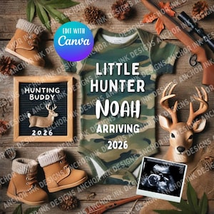Faire-part de bébé chasseur Little Hunter | Révélateur de grossesse Canva Camo modifiable | Baby shower en plein air sur le thème de la chasse à télécharger