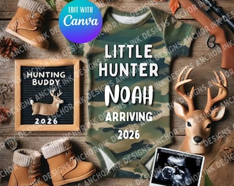 Little Hunter Baby Announcement Template | Editable Canva Camo Pregnancy Reveal | Outdoor Hunting-Themed Baby Shower Download