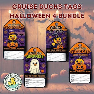 May include: A bundle of Halloween-themed cruise duck tags. Each tag features a cartoon duck in a Halloween costume, with phrases like "Spooky Cruises" and "Quack or Treat!" The tags are orange, purple, and black, with pumpkin and ghost graphics.