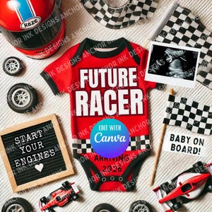 Anuncio digital de embarazo de Future Racer / Plantilla editable de Canva / Revelación de bebé / Anuncio de bebé con temática de carreras / Descarga instantánea