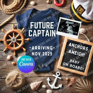 Anuncio digital de bebé de Future Captain / Plantilla Canva para revelación de embarazo náutico / Editable y descarga instantánea / Tema "Bebé a bordo"