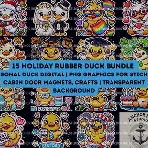 May include: A set of 15 digital clipart images featuring rubber ducks in various holiday themes. The ducks are depicted in different poses and wearing festive attire, such as Santa hats, elf costumes, and reindeer antlers. The images are perfect for creating holiday crafts, stickers, and decorations.