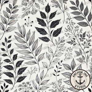 Monochrome botanische nahtlose Muster | 12x12” 4000x4000px | Elegante Black & White Blätter Digitales Papier | JPEG-Datei