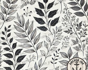 Monochrome Botanical Seamless Pattern | 12x12” 4000x4000px | Elegant Black & White Leaves Digital Paper | JPEG File